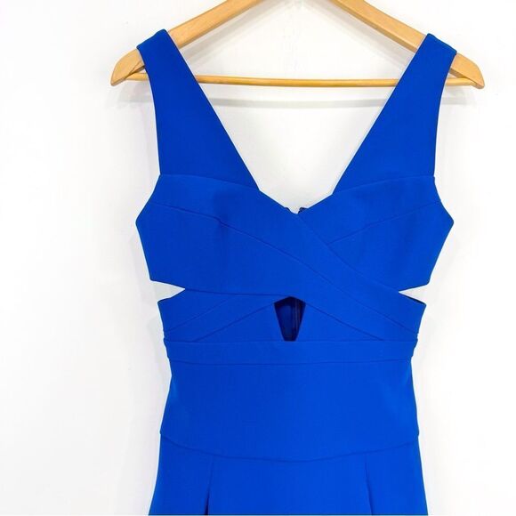 BCBGMAXAZRIA Harlie Cutout Cobalt Blue Fit and Flare V Neck Cocktail Mini Dress - Picture 8 of 16